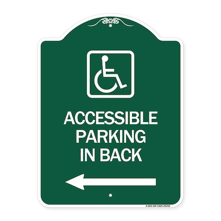 Accessible Parking On Left Arrow With Graphic, Green & White Aluminum Architectural Sign
